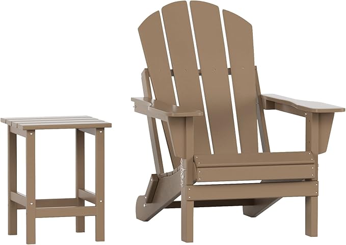 WO Home Furniture Adirondack Chair Table Set of 2 PCS Outdoor Folding Chair w Side Table Weather/UV Resistant for Lawn, Garden, Bon Fire, Balcony (Weathered Wood)
