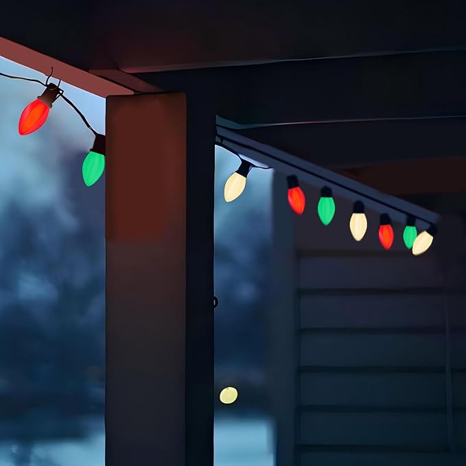 C7 LED Red White and Green Christmas Lights, 25Ft Outdoor Christmas String Lights with 27 LED Multicolor Plastic Bulbs, Vintage Christmas Lighst for Outside Patio Backyard Tree Cafe Party House Decor