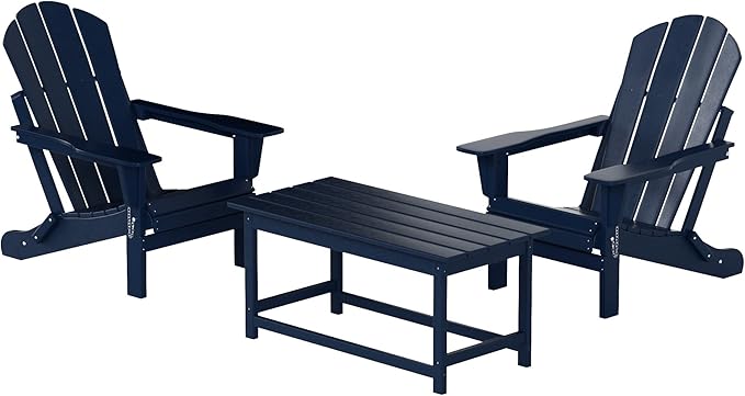 WO Home Furniture Adirondack Chairs Table Set of 3 PCS Outdoor Folding Chairs Coffee Table Weather/UV Resistant for Lawn, Garden, Bon Fire, Balcony (Navy Blue)