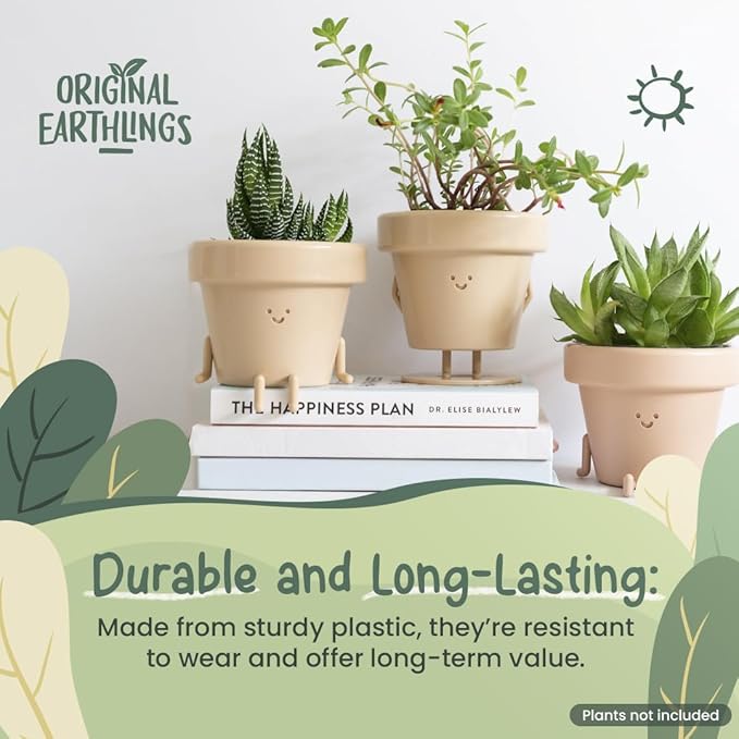 Original Earthlings Sitting Pot - 3.5 Inch Cute Plant Pot - Plastic Funny Planter with Drainage - Unique Cactus Plant Lover Gift - Small Succulent Face Flower Pot - Cute Plant Gifts for Plant Lovers