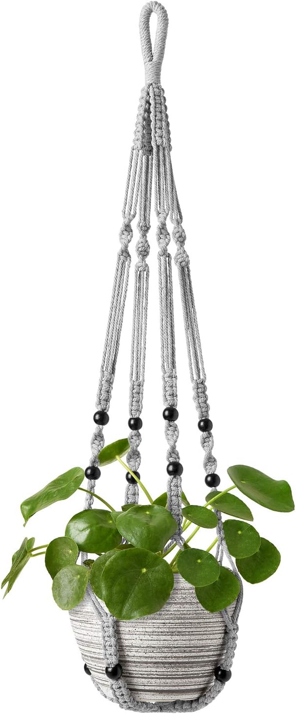 Mkono Macrame Plant Hanger Indoor Hanging Planter Basket with Wood Beads Decorative Flower Pot Holder No Tassels for Indoor Outdoor Boho Home Decor 35 Inch, Grey, Set of 1 (POTS NOT Included)