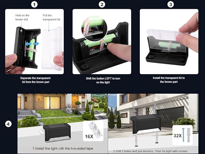 pearlstar 16 Pack Solar Step Deck Fence Lights, Solar Step Lights Outdoor Waterproof Led Solar Fence Lamp for Patio, Stairs,Garden Pathway, Step and Fences(Black)