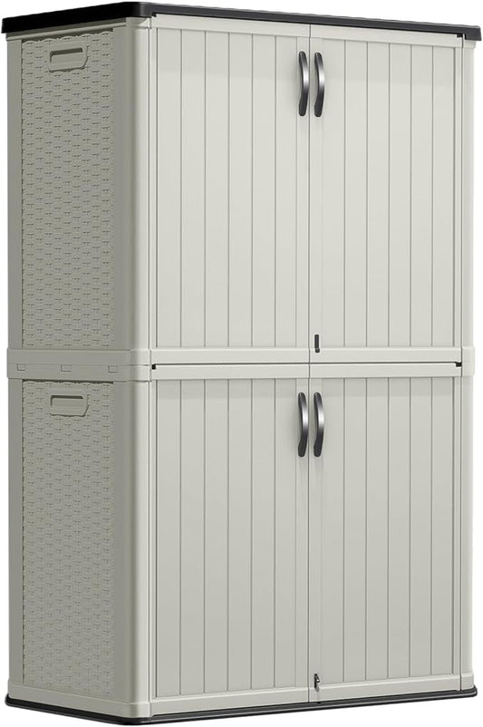Greesum Outdoor Storage Shed Without Divider, 45 cu.ft Outdoor Waterproof Storage Cabinet for Garden Tools, Pool Storage, Garbage Cans, Beige