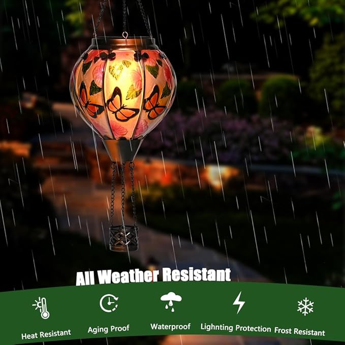 Hot Air Balloon Solar Lantern - Butterfly Stained Glass Lantern with Simulated Flickering Flame, Outdoor Hanging Yard Light Waterproof IP65 & Weather Resistant for Garden Patio Lawn Porch Decor Gfit