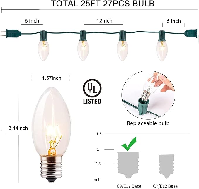 Vintage C9 Christmas Lights, 25 Feet C9 String Lights for Christmas Tree Holiday Party Indoor Room Outdoor Roofline Backyard Garden Patio Cafe Home Xmas Decoration, Warm White Light, Green Wire