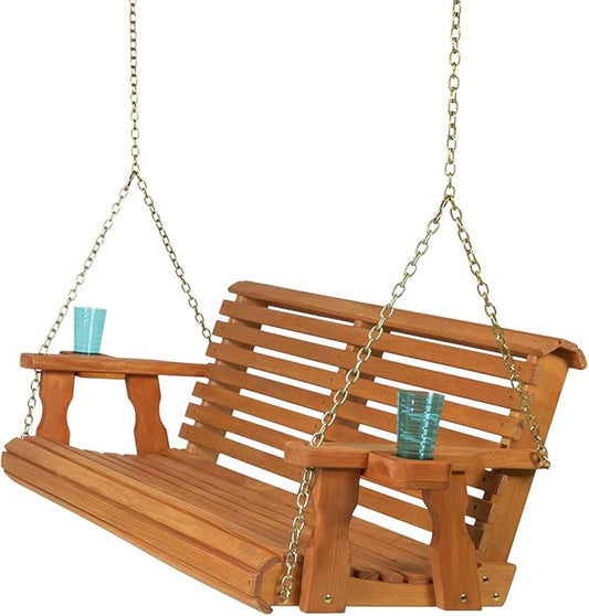 Amish Casual 5 Foot Roll Back Heavy Duty Wooden Porch Swing with Cup Holders in Cedar Stain - Amish Made in The USA from Treated Pine, Outdoor Hanging Bench Swing with 700 Lb. Weight Capacity