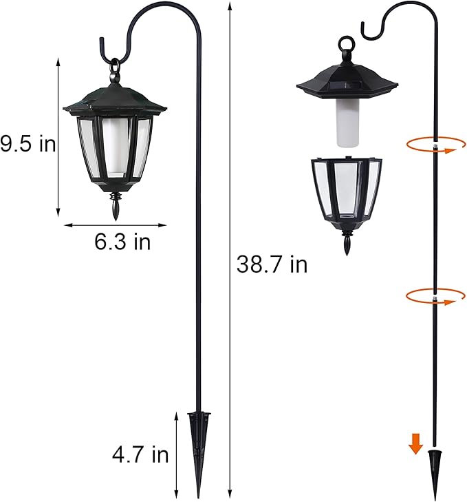 Dynaming 6 Pack Solar Flame Hanging Lights Outdoor, Solar Flickering Flame LED Garden Lanterns with 6 x 38 Inch Shepherd Hooks, Landscape Lighting Waterproof for Lawn Patio Yard Pathway Driveway