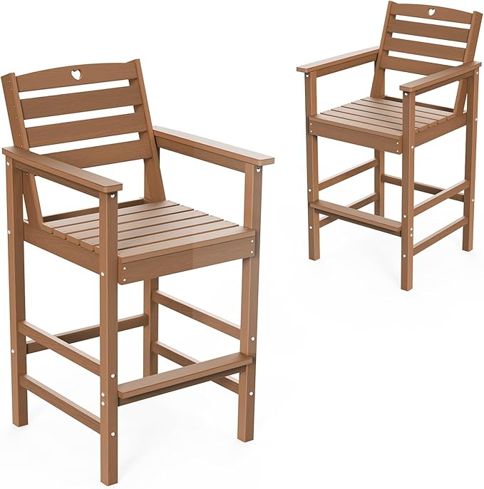 Tall Adirondack Chairs Set of 2, HDPE Wood Balcony Adirondack Chairs Set with Heart Cutout Design, Weather-Resistant Bar Height Furniture for Deck, Porch, Pool (Teak)
