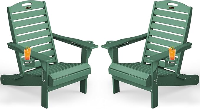 Adirondack Chairs Set of 2, Outdoor Fire Pit Chairs, HDPE All-Weather Adirondack Chairs with Cup Holder, Lawn Chair for Deck, Patio, Garden (Green)
