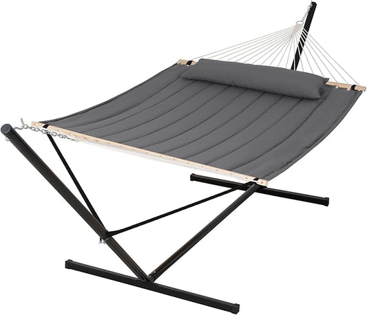 SUNCREAT Hammocks for Outside with 15 ft Stand, Stand Alone Hammock, 475 lbs Capacity, Dark Gray