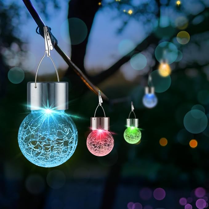 Solar Lights Outdoor Hanging Decorative Globe 24 Pack, Waterproof Solar Lantern with Handle and Clip, Solar Powered Glass Ball Lights for Garden Yard Fence Tree Umbrella Holiday Décor, Color Changing