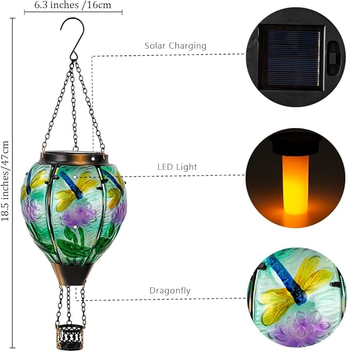 Starsoul Starsoul Dragonfly Hot Air Balloon Solar Lantern Glass Outdoor Hanging Hot Air Balloon Solar Flickering Flame Light Waterproof Garden Patio Yard Party Decorations