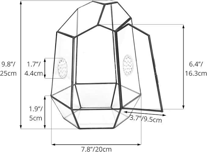 NCYP Closed Geometric Glass Enclosure with Front Opening Door & 2 Vent Holes for Insects, Succulent, Cacti - 7.9"x6.9"x9.8" Black Irregular Terrarium Planter - Home Garden Tabletop Decor (No Plants)