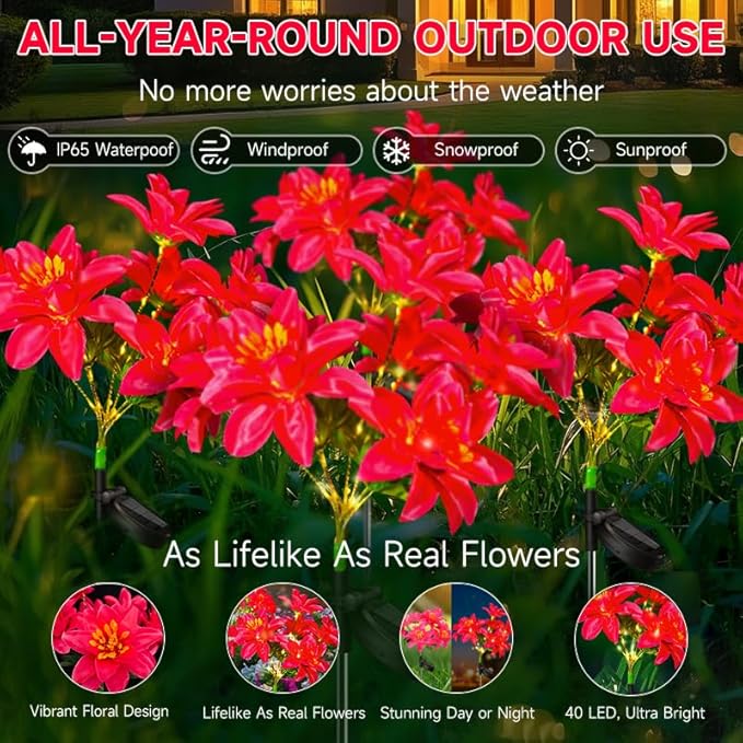 Neporal Solar Flowers Outdoor Waterproof Pink, 4PK 7-Stem Garden Solar Lights Decorative, 2 Lighting Modes, Solar Powered Garden Decor, Solar Yard Decor