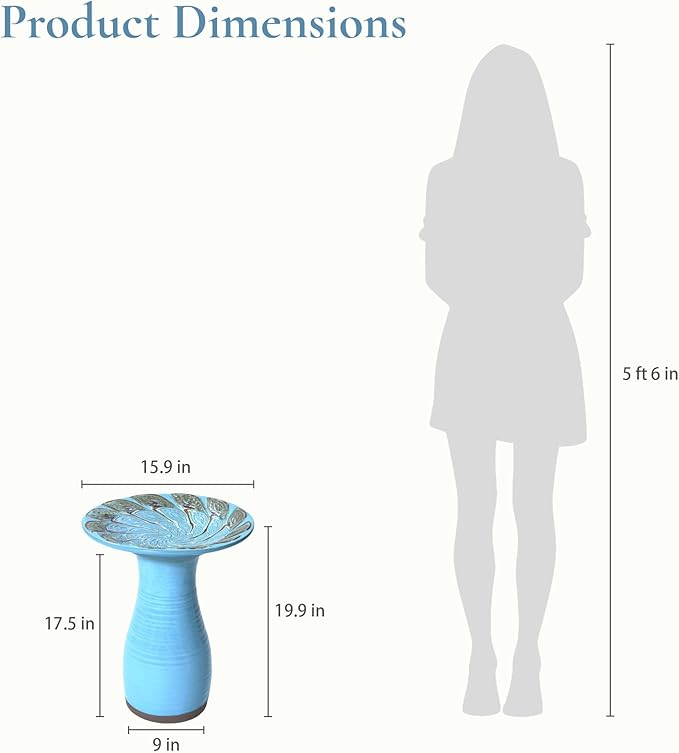 LuxenHome 20 Inch Ceramic Bird Bath for Outside, Elegant Tall Outdoor Bird Bath, Lightweight Pedestal Glazed Birdbaths for Outdoors with Leaf Pattern, Sky Blue