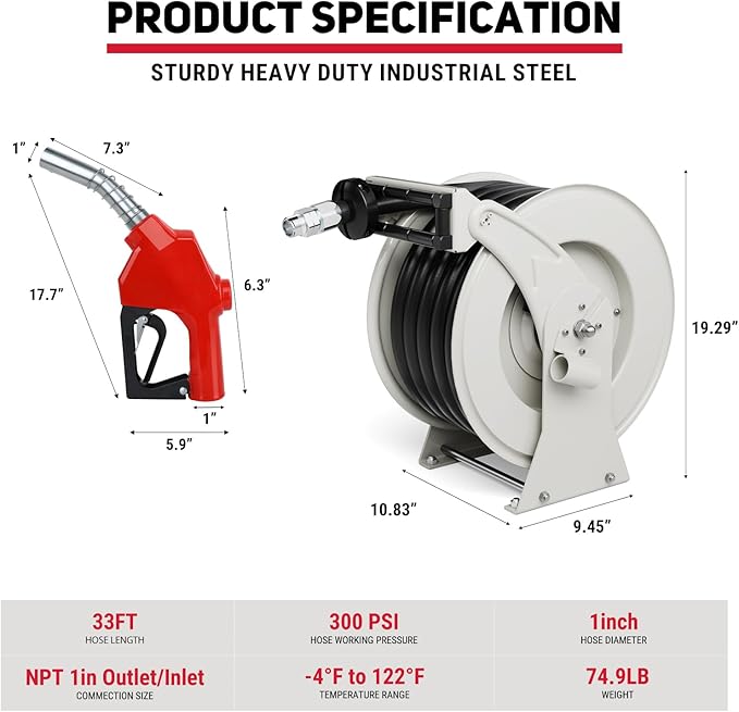 Fuel Hose Reel, 1" x 33' Diesel Fuel Reel with Refueling Nozzle, 300 PSI Heavy-duty Steel Construction Used for Aircraft Ship Vehicle Tanker Truck