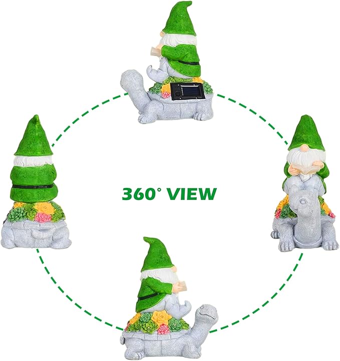Solar Garden Outdoor Statues Turtle Gnome Outdoor Figurine Lights with Gnome Reading Book Garden Accessories Tortoise Statue Lawn Decor for Patio Balcony Yard Ornament Art Housewarming Gifts