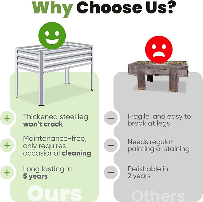 KING BIRD Large Raised Garden Bed with Legs Galvanized Elevated Planter Box 48×24×30 in for Backyard, Patio, Balcony, 400lb Capacity, Silver