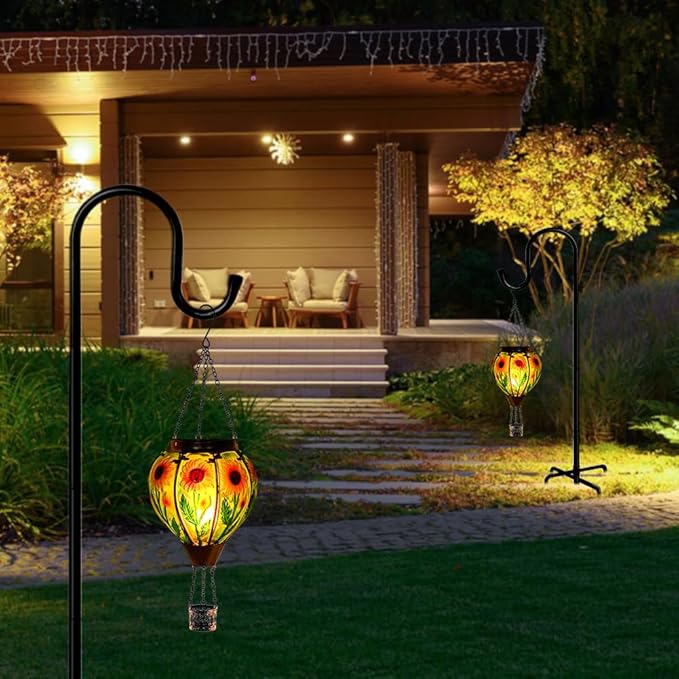 Starsoul Sunflower Hot Air Balloon Solar Lantern - Glass Outdoor Flickering Flame Light, Waterproof Hanging Lamp for Garden, Patio, Yard, Party Decor