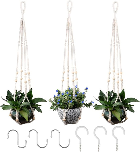 RIFNY Macrame Plant Hanger for 5 to 10 Inch Plant Pots, 35 Inch Indoor Handmade Woven Rope Hanger Kits with Hooks and Wood Beads, Hanging Planter Basket Holder for Boho Home Decor (White, 3 Pack)