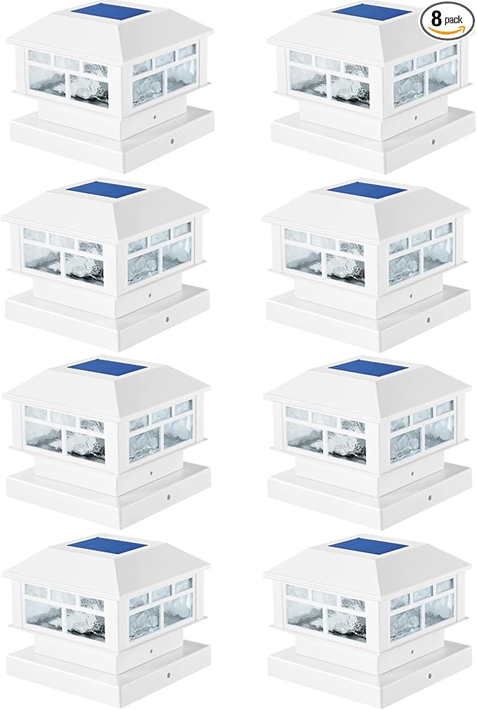 Solar Post Lights Outdoor, 20LM Fence Post Cap Lights, Waterproof, 2 Light Modes, Fit 3.5x3.5in 4x4in 5x5in Wooden Post, Solar Power Deck Lights for Garden Deck Patio Decoration(White 8Pack)