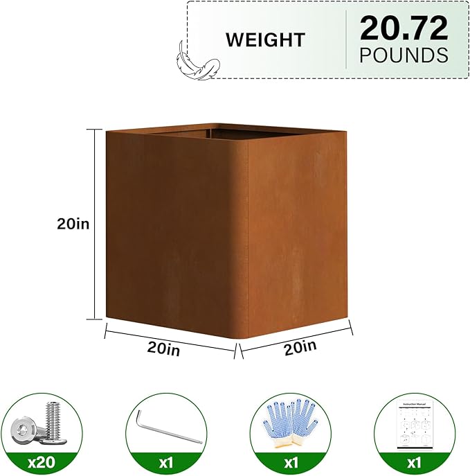 Corten Steel Planter Box 20" L x 20" W x 20" H,Large Metal Square Planter for Outdoor Plants,Metal Cube Flower Pot with Drainage Hole for Porch Hotel Patio Yard