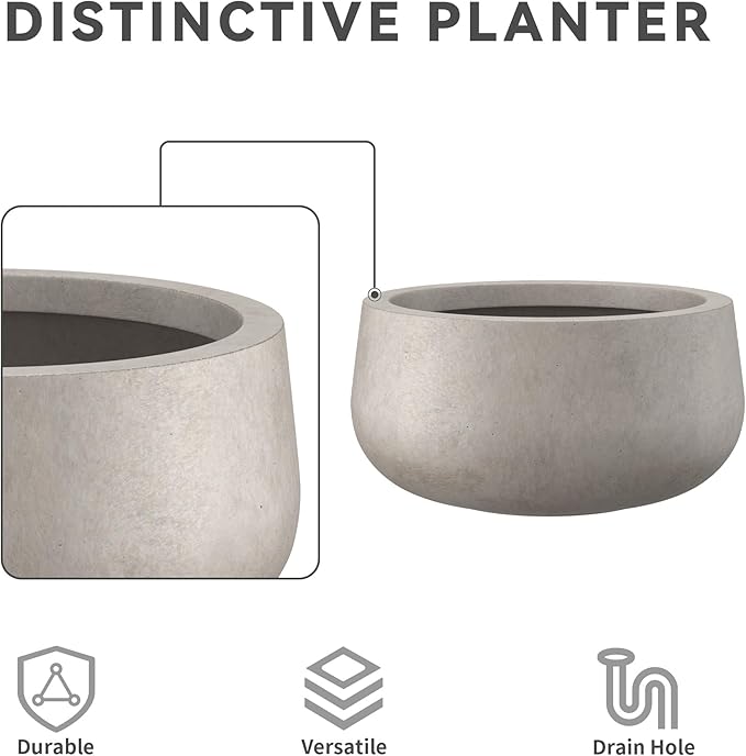 Kante 11.8" Dia Round Concrete Planter, Cement Plant Pots with Drainage Hole and Rubber Plug for Outdoor Indoor Garden Home, Modern Curvaceous Design, Weathered Concrete