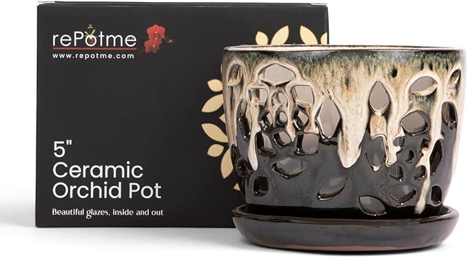 rePotme 5 inch Floral Cutout Ceramic Orchid Pot (Honey Cream Over Coffee)
