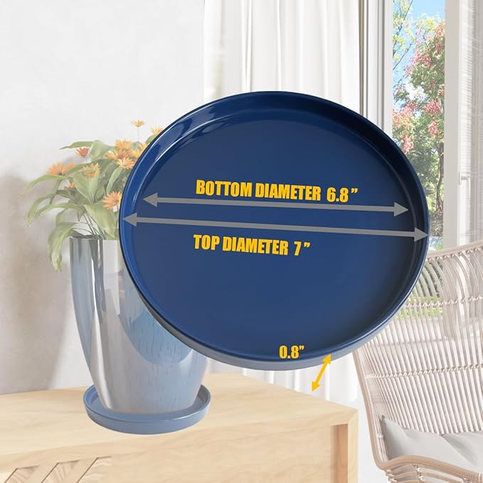 2 Pack Ceramic Plant Saucer Pot Tray 7 Inch, Planter Saucers 4 5 6 7 8 9 10 11 12 13 Inch for Indoors Outdoor, Durable Sturdy Flower Drainage drip Water Tray for Glazed Pots Base (7 Inch-Blue)
