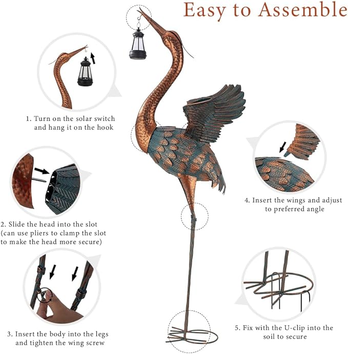 48'' Heron Garden Statue, Large Crane Outdoor Statue with Solar Lantern, Crane Bird Metal Yard Art for Outside Backyard, Pond, Porch Decor