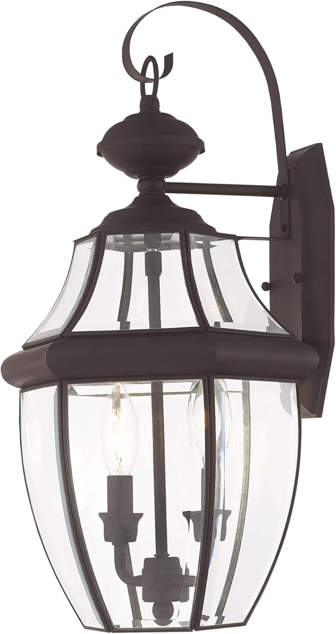 Livex Lighting 2251-91 Monterey 2 Light Outdoor Brushed Nickel Finish Solid Brass Wall Lantern with Clear Beveled Glass