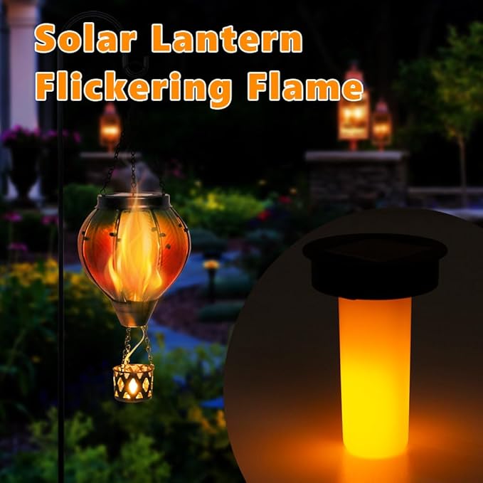 Colorful Solar Hot Air Balloon Lantern with Flame Flickering LED Glass Hanging Solar Lanterns Outdoor Waterproof Hot Air Balloon Lights for Patio Yard Garden Decor,Mother Day Gifts for Women