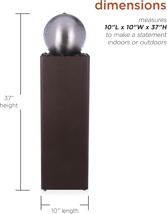 Alpine Corporation CPS188 Indoor Outdoor Modern Metal Orb Water Floor Fountain with River Rock Stone for Patio, Garden and Living Room, 37" H, Brown