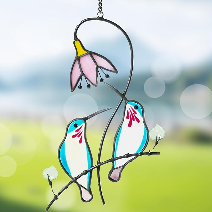 2 Hummingbirds Stained Glass Suncatcher for Windows Hangings Ornament, Hummingbird Sun Catchers Gifts for Women,Indoor Window Decor, Memorial Gifts for Mom/Bird Lovers