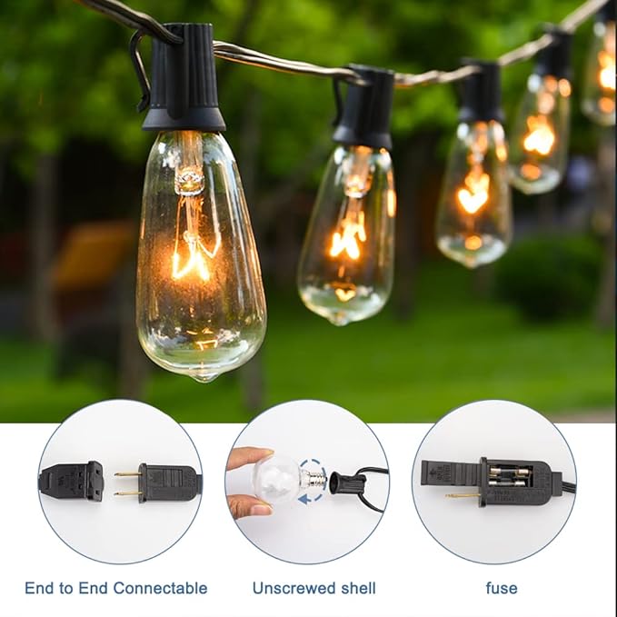 GOOTHY Outdoor String Lights 45Ft ST40 Vintage Patio Lights with 32 Edison Bulb (2 Spare), Backyard Lights UL Listed for Indoor Outdoor Party Balcony Markets Garden Decor, 7W/ E17 Screw Base- Black
