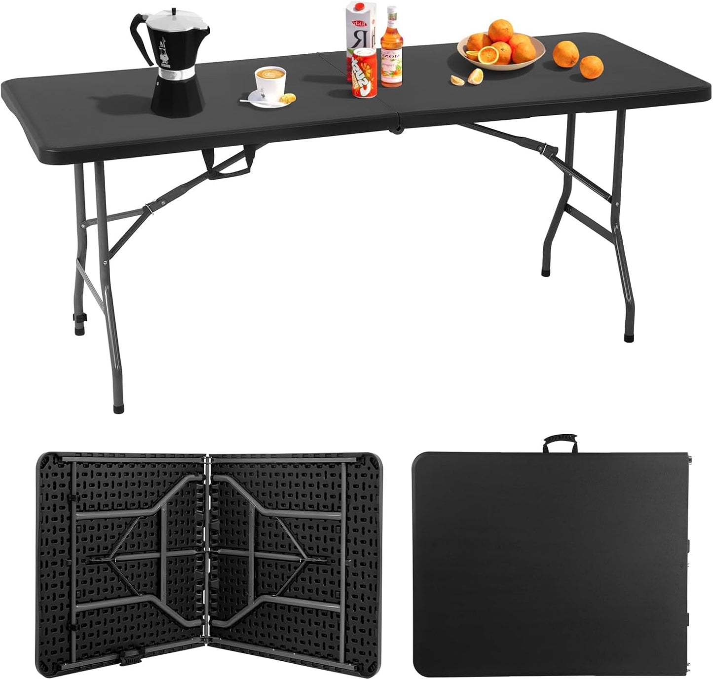 6FT Folding Table, Heavy Duty Plastic Table Portable Fold-in-Half Utility Table Indoor Outdoor Picnic Table w/Handle & Lock for Camping BBQ Party Wedding Market Events, Black