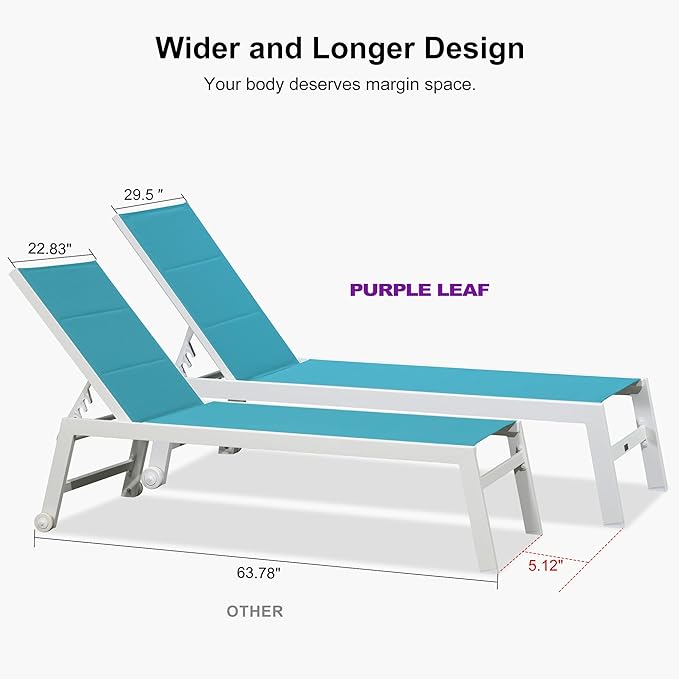 PURPLE LEAF Outdoor Chaise Lounge Set Oversize Adjustable Sunbathing Recliner Extra Wide Lounge Chairs with Side Table for Poolside Beach Outside Patio Aluminum Chaise Lounger Blue