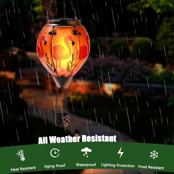 Hot Air Balloon Solar Lantern - Flamingo Bird Stained Glass Lantern with Simulated Flickering Flame, Outdoor Hanging Yard Light Waterproof IP65 & Weather Resistant for Patio Lawn Porch Decor Gfit