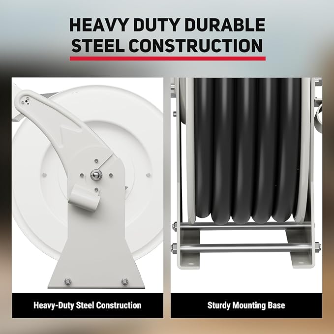 Fuel Hose Reel 3/4" x 50' Retractable with Fueling Nozzle Diesel Hose Reel 300 PSI Industrial Auto Swivel Heavy Duty Steel Construction for Farm Ship Vehicle Tank