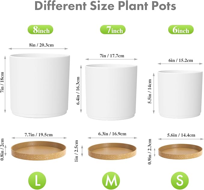 8/7/6 inch Plant Pots, 3 Pack Cylinder Flower Pots for Outdoor Indoor Plants, Decorative Plastic Planters with Drainage Holes and Saucers for Garden House Plants, White with Brown