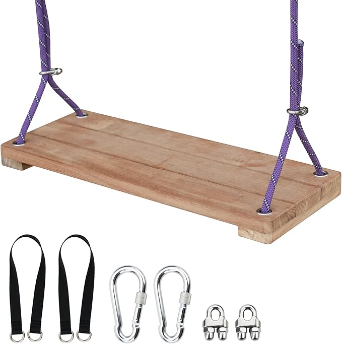 Teak Wood Swing 18.6"x7.6" - Outdoor Wooden Tree Swing Seat for Adults & Kids, Backyard Wood Swings with Height Adjustable Design