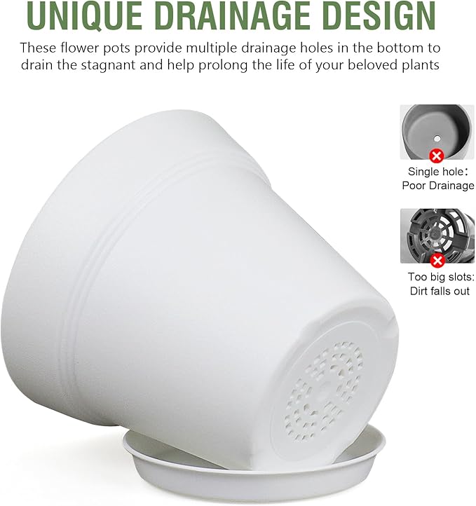 6 inch Small Plastic Nursery Pots, Seedling Pots, 16 Pack Plant Pots for Indoor Outdoor Plants, Flower Pots with Drainage Holes and Saucers, Decorative Planters for House Plants, White