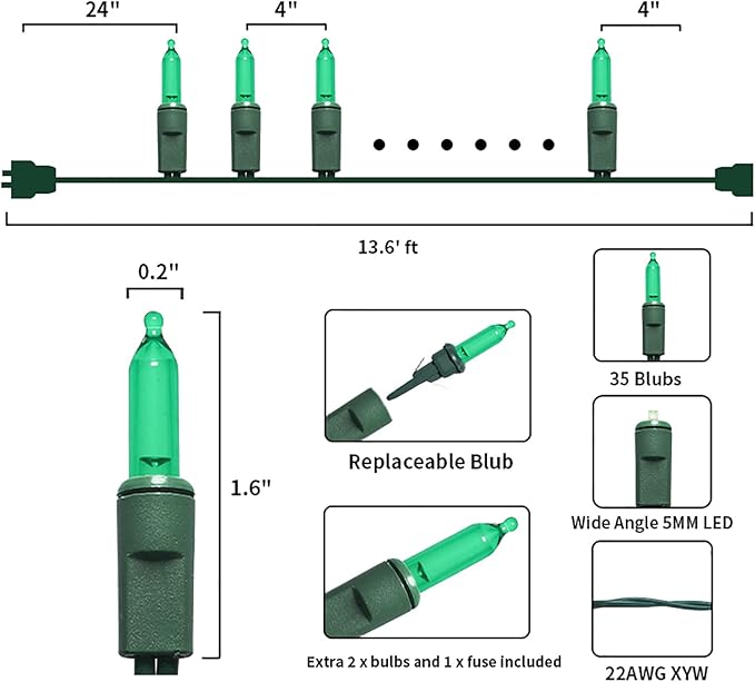 Green LED Christmas Lights - 35 Count Green Christmas String Lights for Small Tree, Crafts, Indoor and Outdoor St. Patrick's Day Decorations, 11 Feet Same Color Wire, UL Certified, Connectable