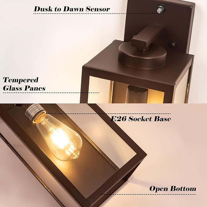 Oil-Rubbed Bronze Dusk to Dawn Outdoor Wall Light, Large 16" Exterior Wall Lantern Waterproof, Brown Farmhouse Porch Sconce, Modern Wall-Mounted Outside Light Fixture for House Garage, Patio Lamp