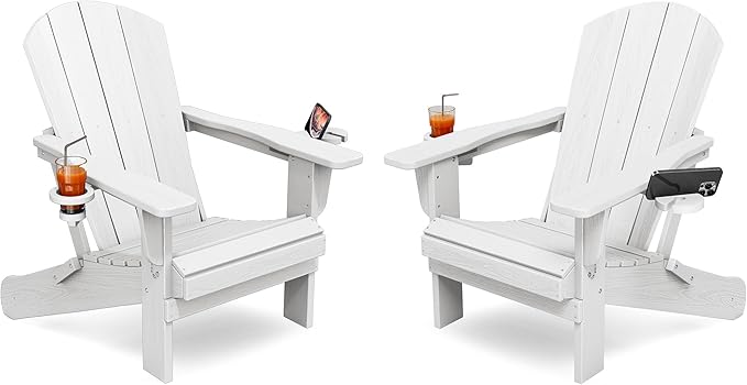 KINGYES Folding Adirondack Chair Set of 2, Dual Cup Holders & All-Weather HDPE, Wood-Like Patio Chair for Backyard, Camping, Pool & Fire Pit, White