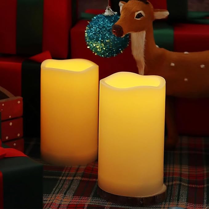 2 Pack 5'' Outdoor Battery Operated Candles with Timer Flameless LED Flickering Candles Waterproof Electric Pillar Decorative Candle for Wedding Party Home Lantern Garden