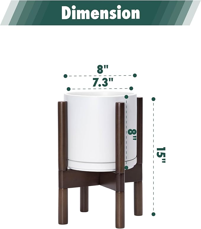 D'vine Dev Ceramic Planter with Walnut Color Stand - 8 Inch Modern Round Flower Pot with Wood Planter Holder, White, 55-B-Y-1