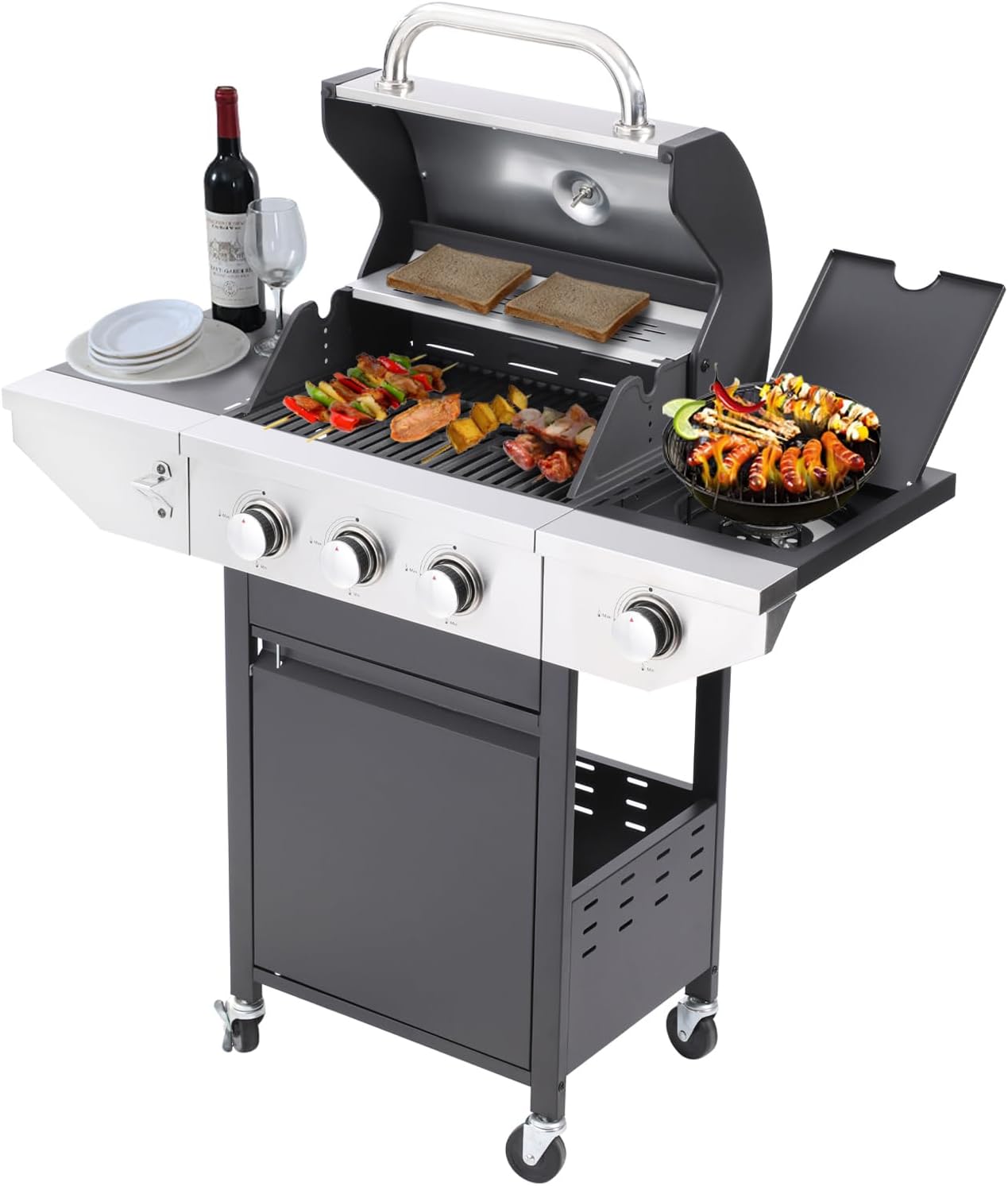 Endark 3-burner propane gas grill | 37,000 BTU stainless steel with side-fire function | with enameled cast iron grate, thermometer and side stand wheels | great for patio and garden outdoor cooking