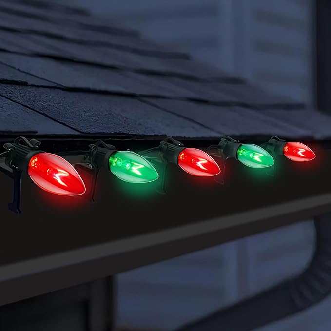 C7 Red and Green Christmas Lights Outdoor, 25Ft Outdoor Christmas Decorations String Lights with 27 Incandescent Bulbs, Vintage Christmas Lights for Indoor Outdoor Patio Christmas Party House Roofline