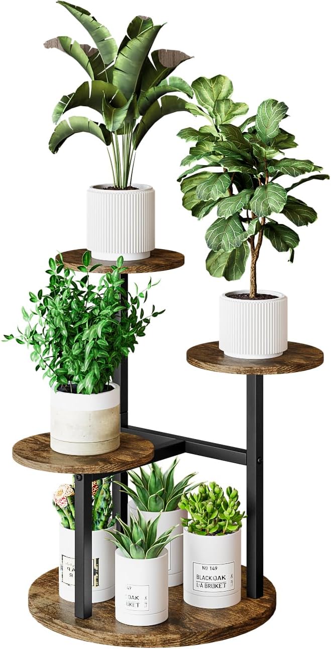 Plant Stand Indoor 4 Tier 5 Potted Multiple Flower Pot Holder for Patio Garden Balcony Living Room Corner (4 Tier Black+Rustic Brown)